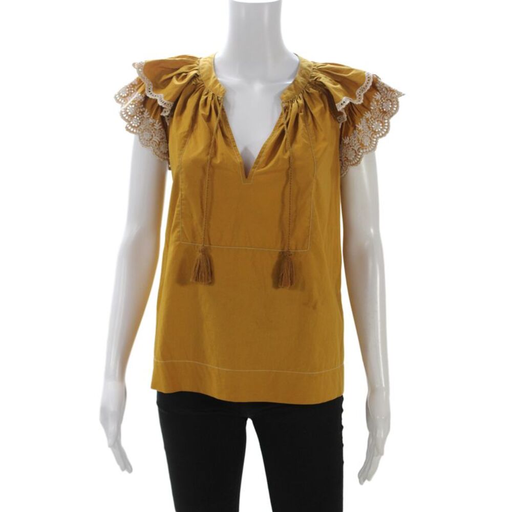 Ulla Johnson Womens V-Neck Short Sleeve Top Yellow Boho Cotton Size 2